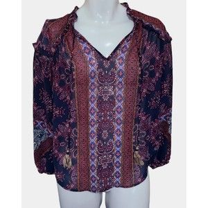 Knox Rose Blouse Womens M Blue Multicolor Geometric Sheer Tassel Long Sleeve Top